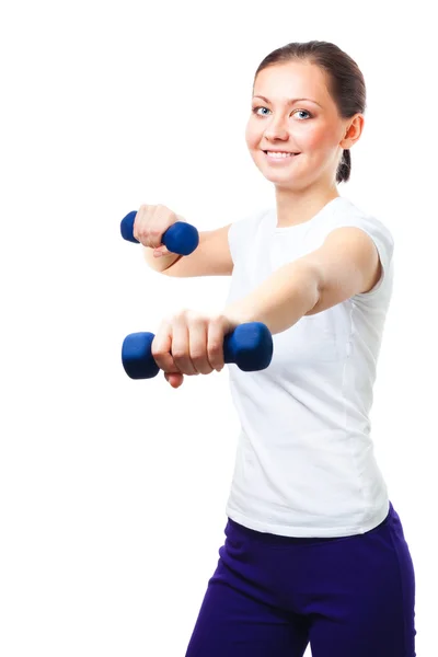 Exercícios de mulher com halteres — Fotografia de Stock