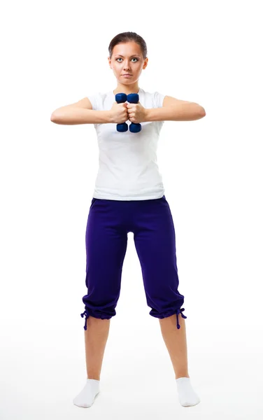Woman stand with dumbbells — Stock Photo, Image