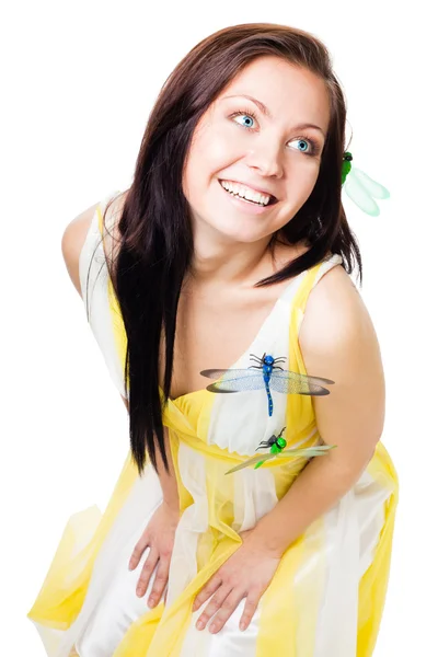 Woman in light dress with dragonflies on it — Stock Photo, Image