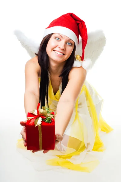 Angel with white wings give present — Stock Photo, Image
