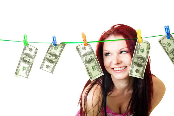 Mulher atraente com a gente dólares — Fotografia de Stock