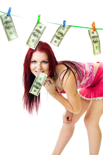 Atrakcyjna kobieta z nami dolarów — Zdjęcie stockowe