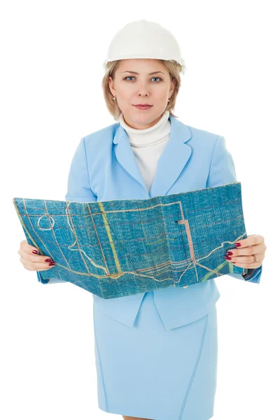 Kadın mühendis ile blueprint — Stok fotoğraf
