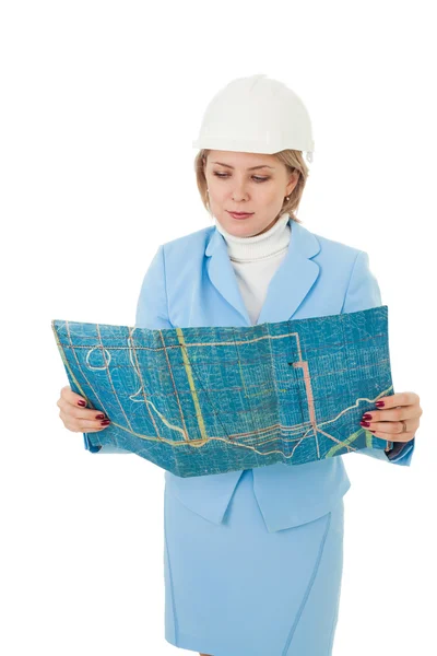 Žena inženýr s plánem — Stock fotografie