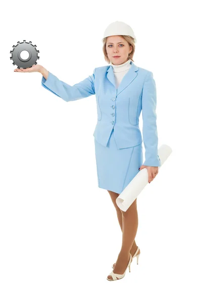Adult woman offering construction solution — Stock Photo, Image
