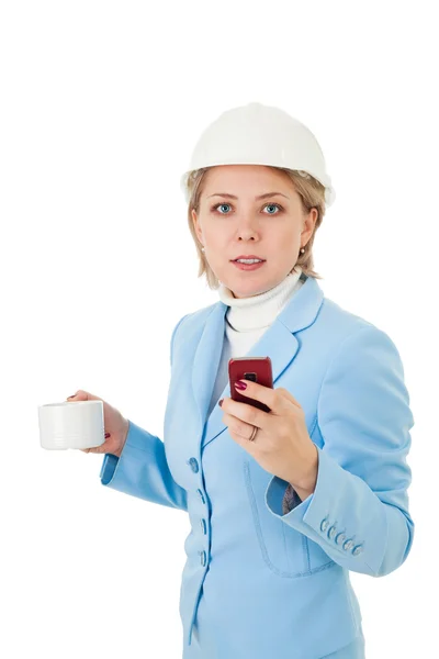 Arquitecta mujer con teléfono y taza — Foto de Stock