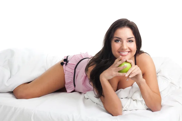 Happy woman in bed smile — Stock Photo, Image