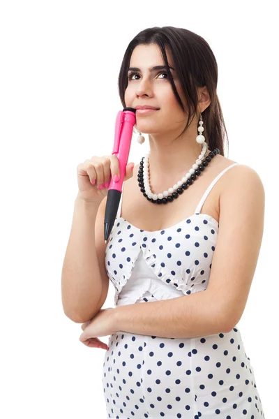 Mulher pensando segurando caneta conceitual — Fotografia de Stock