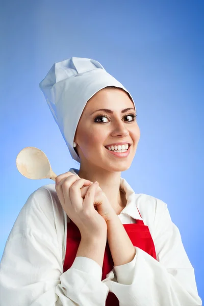 Medieval chef with wood spoon — Stock Photo, Image