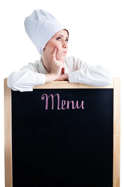Szef kuchni, myśląc o menu na lunch — Zdjęcie stockowe