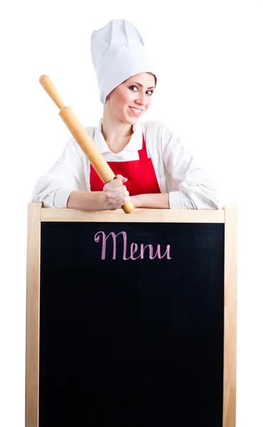 Koch mit Nudelholz zeigt Menü — Stockfoto
