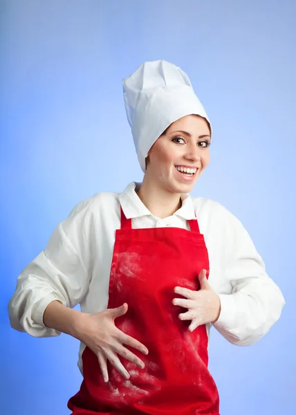 Щаслива жінка шеф-кухарка закінчила свою роботу — стокове фото