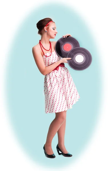 Pinup style woman with records — Stock Photo, Image