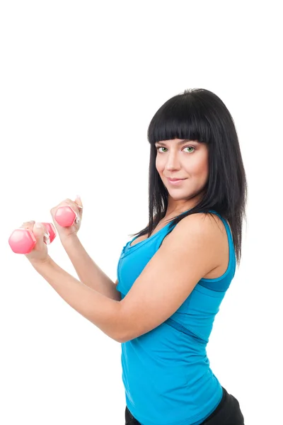 Happy woman practice with pink dumbbells — Stock Photo, Image
