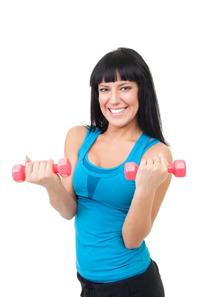 Extremely happy woman with dumbbells — Stock Photo, Image