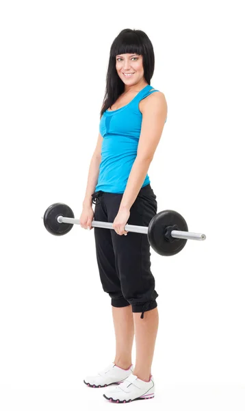 Happy woman lifting bar with weights — Stock Photo, Image
