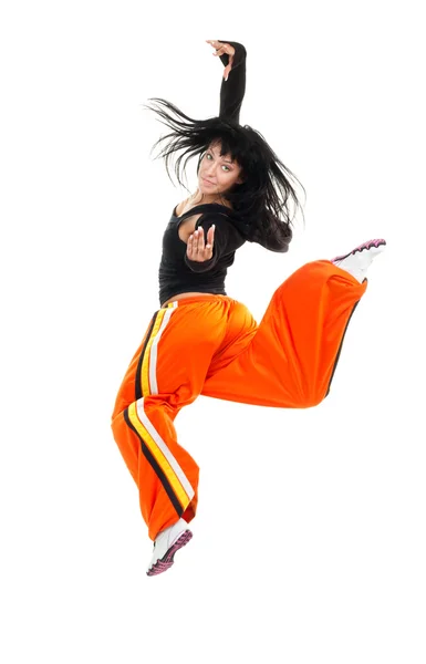 Dancer woman in jump look at camera — Stock Photo, Image