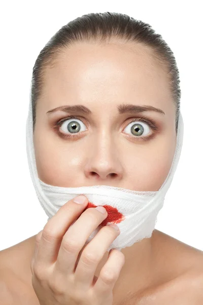 Afraid woman after plastic surgery — Stock Photo, Image