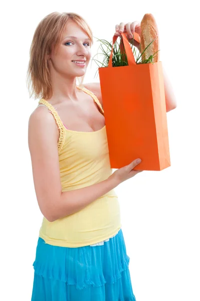 Šťastná žena s nákupní taškou — Stock fotografie