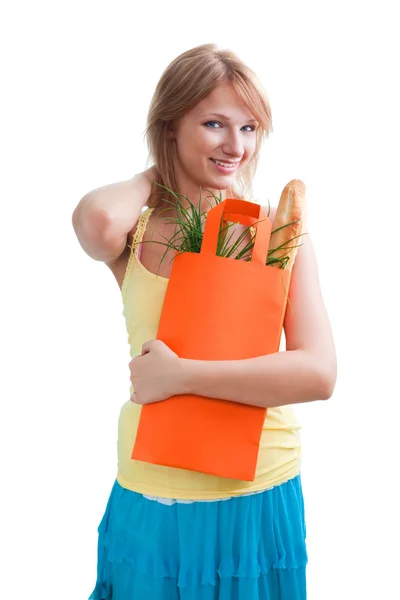 Pretty blonde with baguette — Stock Photo, Image