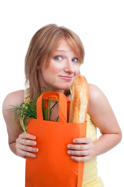 Surprised woman with baguette — Stock Photo, Image