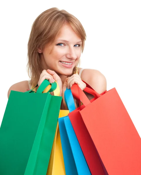 Šťastná žena nakupovat s úsměvem tašky — Stock fotografie