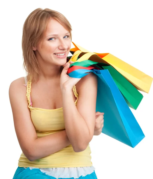 Žena s barevné tašky — Stock fotografie