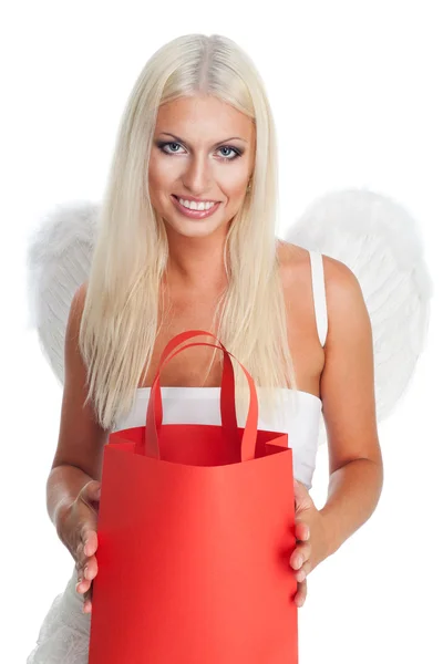 Blonďatý anděl s nákupní taškou — Stock fotografie