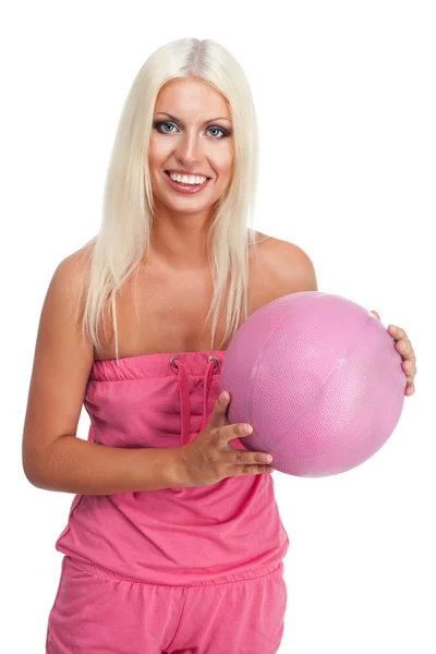 Mujer mantenga pelota de baloncesto rosa — Foto de Stock