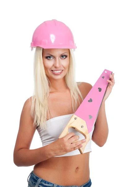 Блондинка з рожевим твердим капелюхом — стокове фото