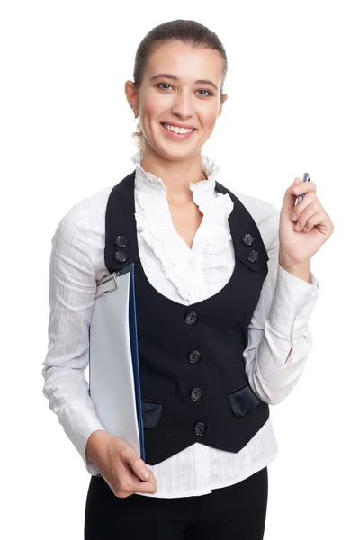 Happy woman with pen and tablet — Stock Photo, Image