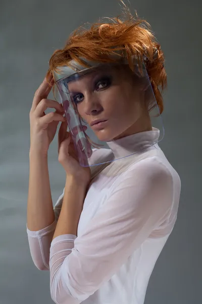 Futuristic woman in glass mask — Stock Photo, Image