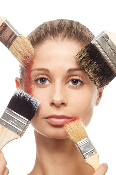 Pincéis, maquiagem e rosto — Fotografia de Stock
