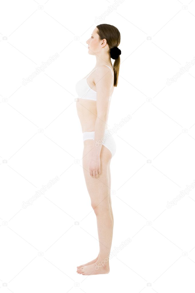 Download - One woman standing in generic white uderwear isolated standing i...