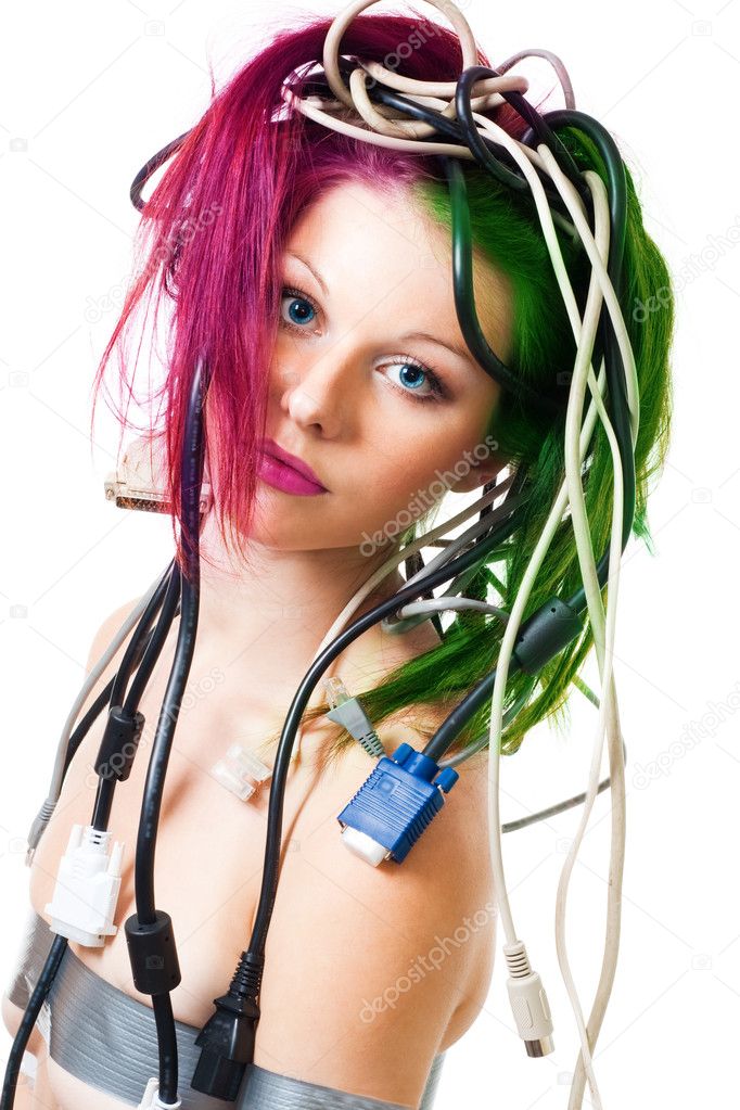 Beautiful woman with computer cords