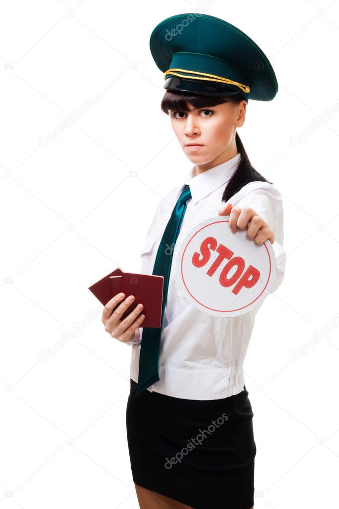 Immigration worker with stop sign