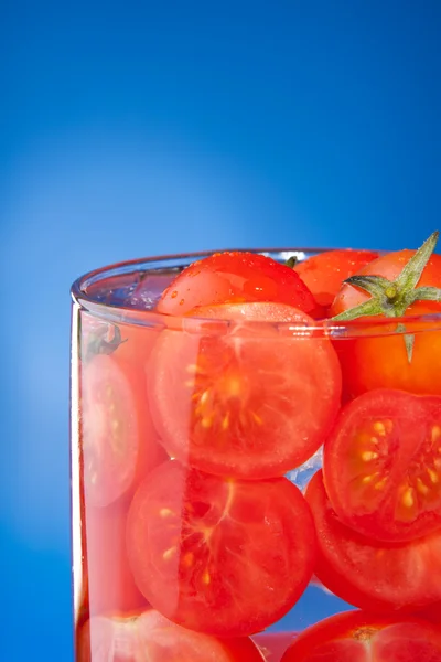 Close-up of glass with tomato juice allegory — Stock Photo, Image