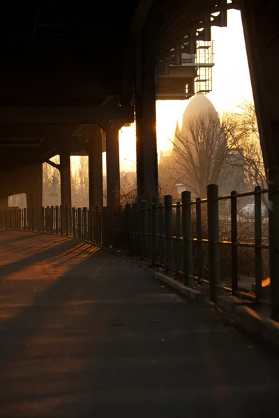 stock image Sunrise in the morning under Hallesches subway station