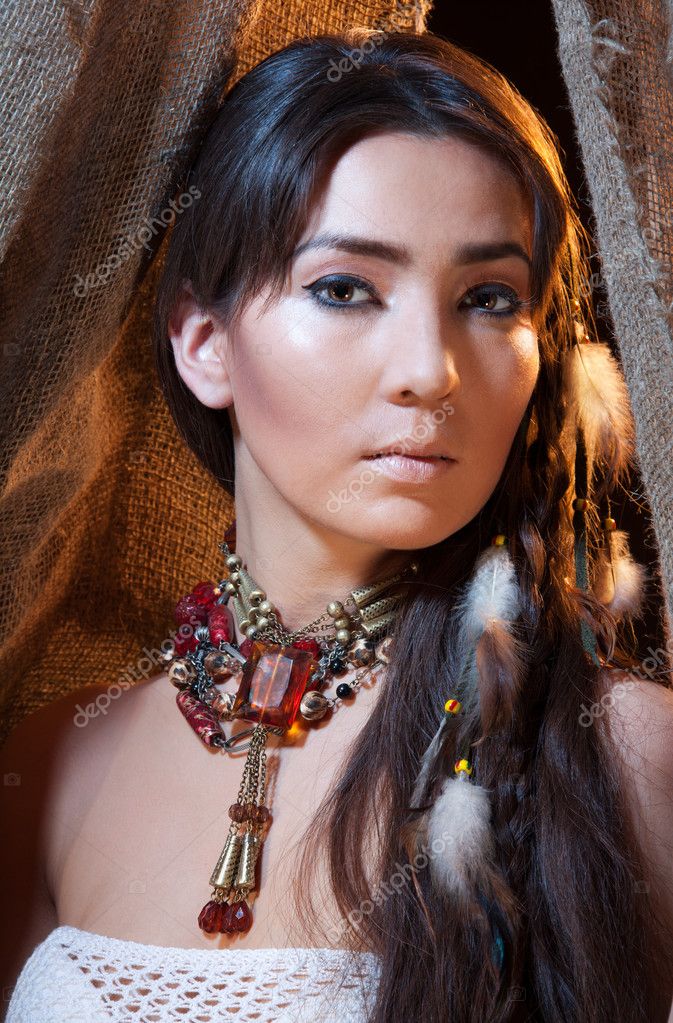 Portrait of American Indian female looking from tent — Stock Photo ...