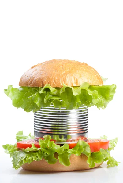 Niezdrowa żywność w puszkach szybki hamburger — Zdjęcie stockowe