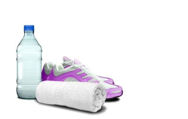 一瓶水、 跑步鞋、 运动毛巾 — 图库照片
