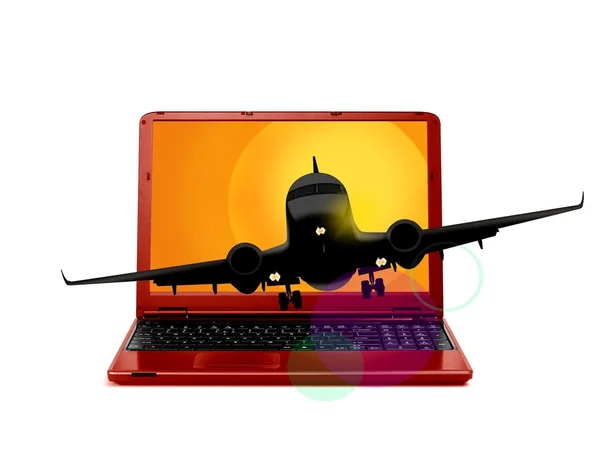 Airplane flying through laptop — Stock Photo, Image