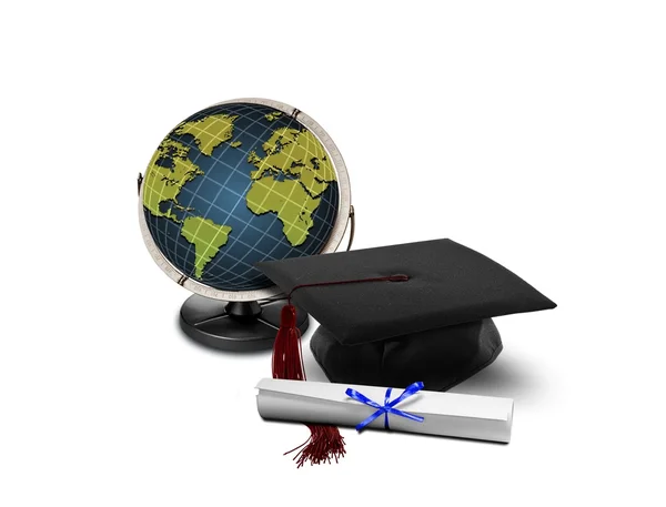 Chapéu de graduação e globo — Fotografia de Stock