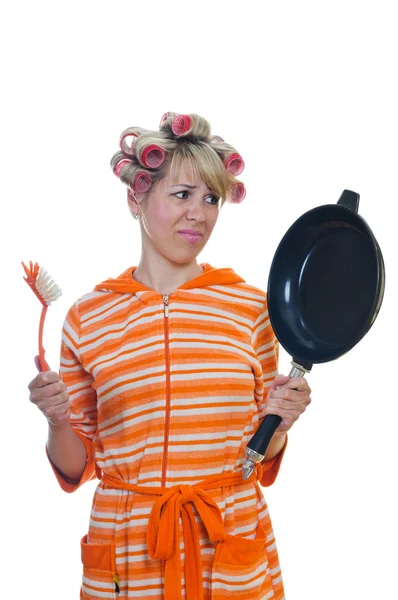 Housewife with a brush and pan — Stock Photo, Image