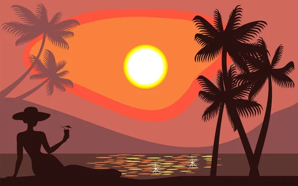 Hermosa mujer en la playa puesta del sol — Archivo Imágenes Vectoriales