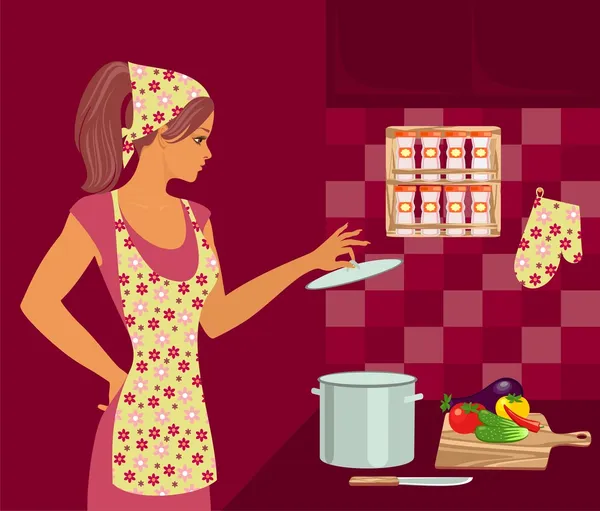 Femme au foyer dans la cuisine — Image vectorielle