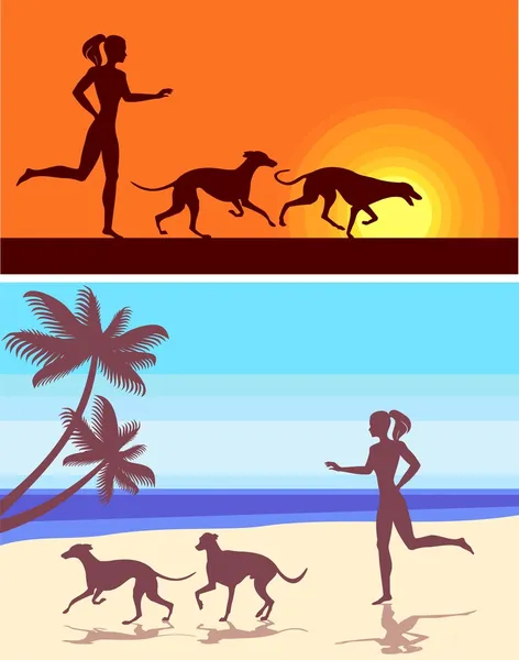 Silhouetten van greyhounds en meisje — Stockvector