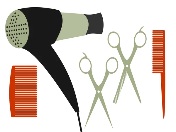Sušič na vlasy, nůžky a hřeben — Stockový vektor