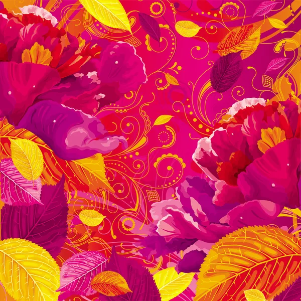 Pivoine saisonnière et fond de feuilles — Image vectorielle