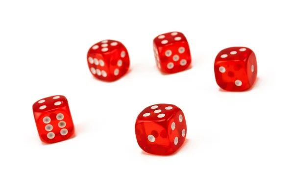 Five red, glossy, transparent dices. — Stock Photo, Image